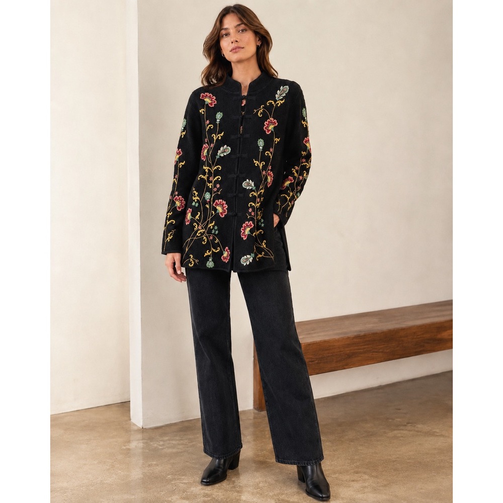 Mercer & Madison Vintage Wool Cardigan Jacket Black Floral Embroidered Boho M
